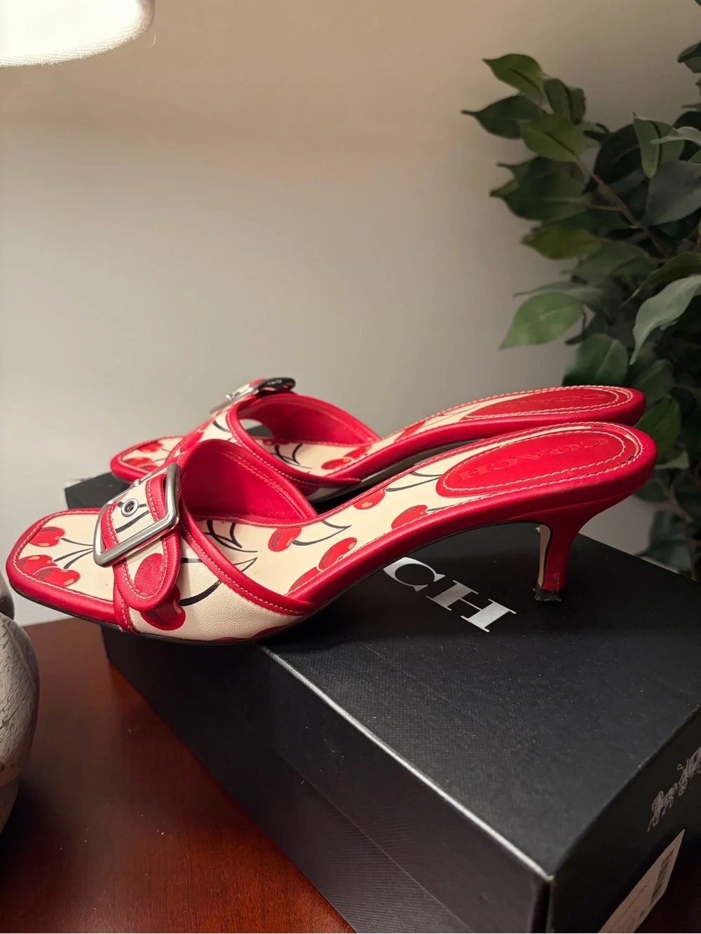 Coach Margot Cherry Print Leather Kitten Heel Sandal Size 9 - Picture 6 of 13